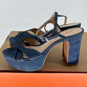 Schutz Keefa Nobuck Blue Suede Leather 4" Heels Women's 6.5 B Open Toe Buckle